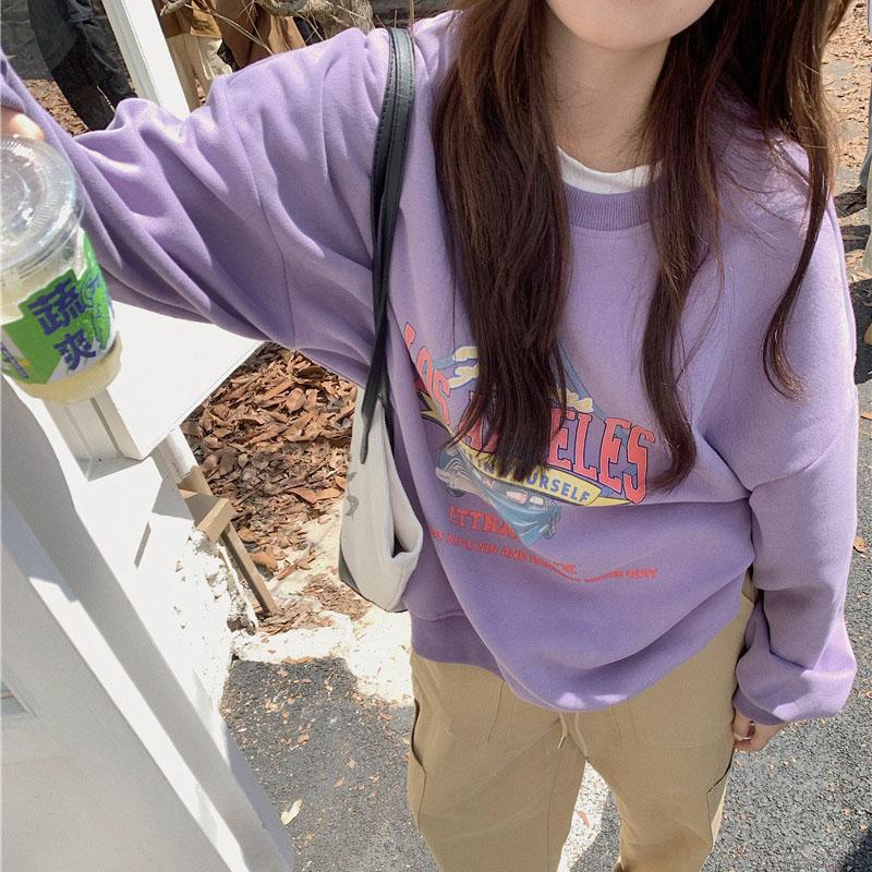 

Женские свободные свитера с длинным рукавом и круглым вырезом, женские топы, однотонные толстовки M фиолетовый