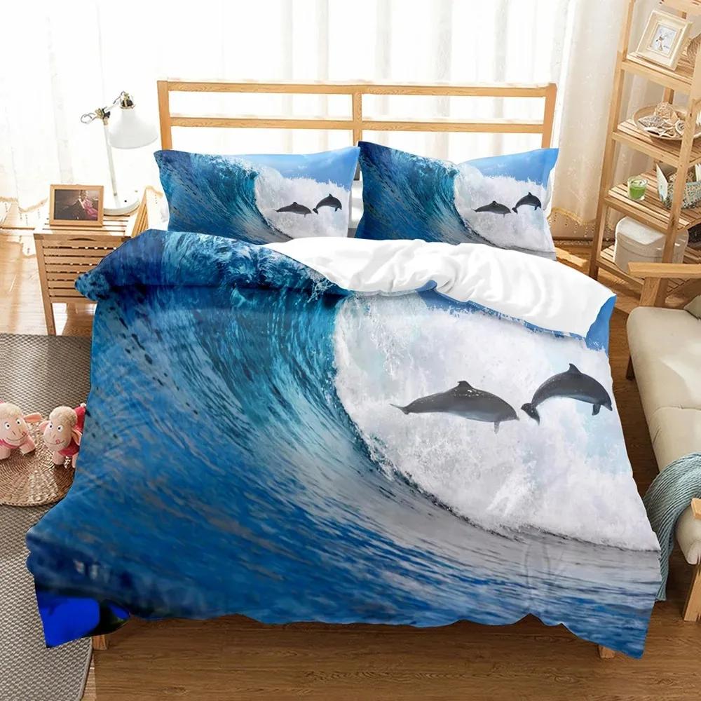 Fashion Blue Dolphin Duvet Cover Set Cute Aniaml Bed Linen Pillowcase Luxury Home Texitle Queen Full Size 3D Bedding Sets Sea
