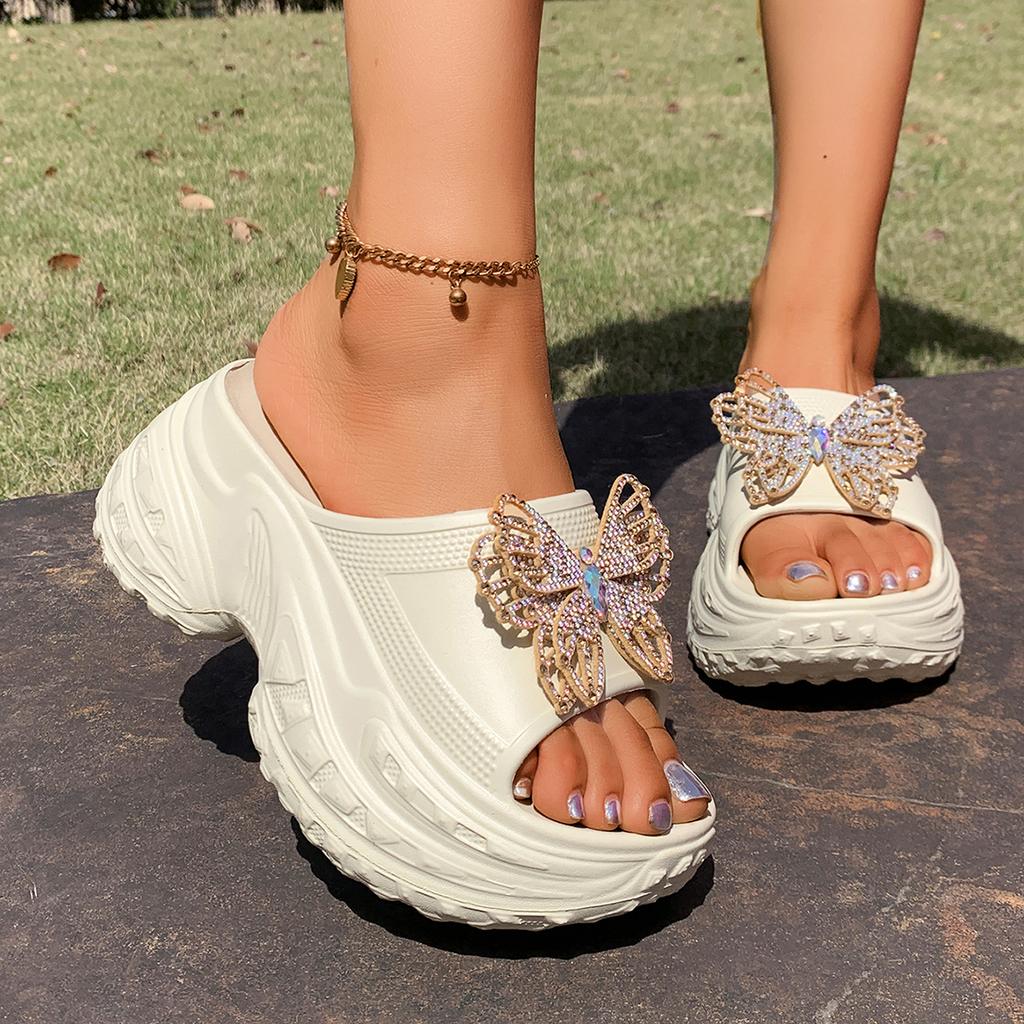 Fashion Glitter Butterfly Decoration Chunky Platform Eva Slippers Women Wedge High Heel Slides Women Thick Bottom Soft Cloud Slippers