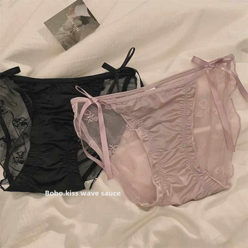 Chiloți mătăsoase din dantelă satinată cu talie joasă - Lenjerie intimă luxoasă, transparentă și sexy pentru femei