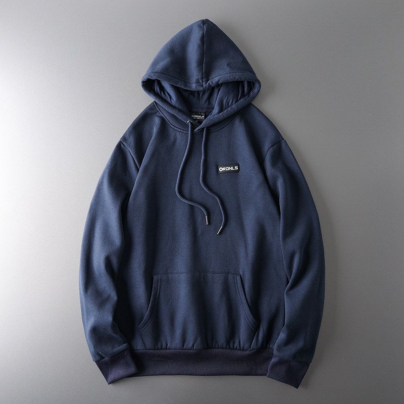 Heavy Autumn and Winter Hooded Fleece Padded American Style Sweatshirt Navy Blue L
