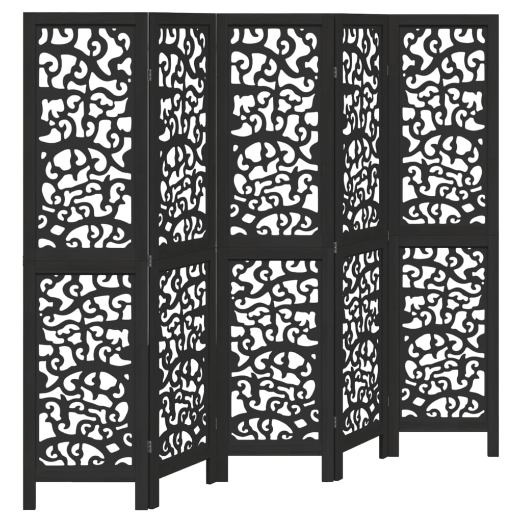5 Piece Black Folding Screen Solid Paulownia Wood