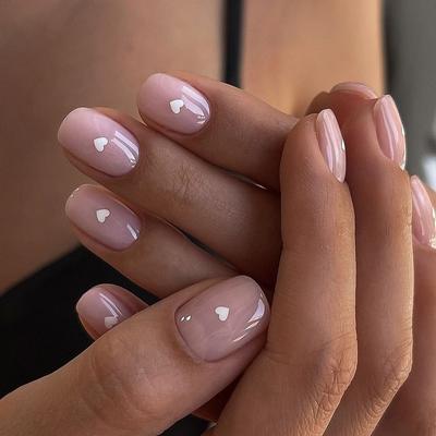 24 Pieces Nude Manicure, Fake Nails, White Small Love Wearable Nail Piece, Simple Wearable Nail Mini Nail Piece