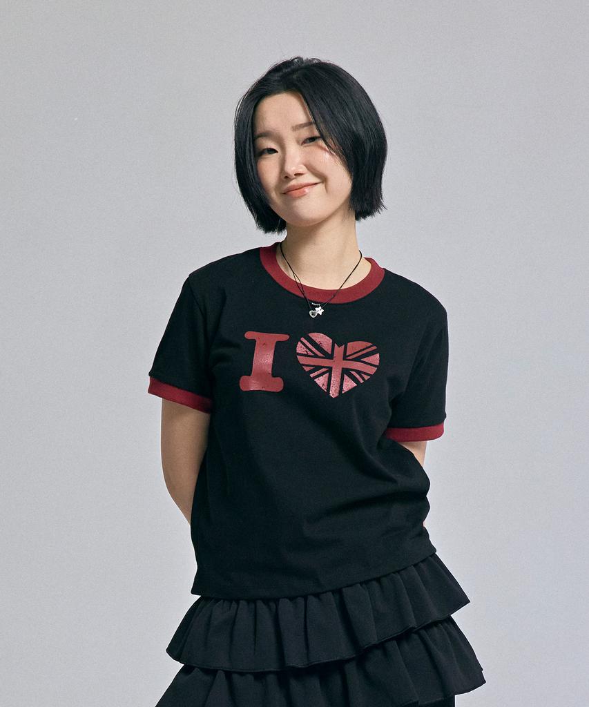 AWESOME STUDIO Heart Ringer Color Block Short Sleeve T-Shirt Black