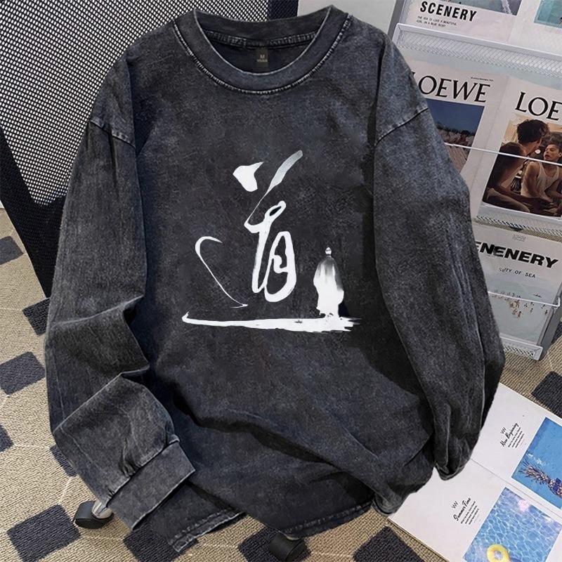 Amerikanisches Retro Gewaschenes Distressed Langarm-T-Shirt für Herren im Frühling Reine Baumwolle Locker Große Größe Pullover Rundhals-Top