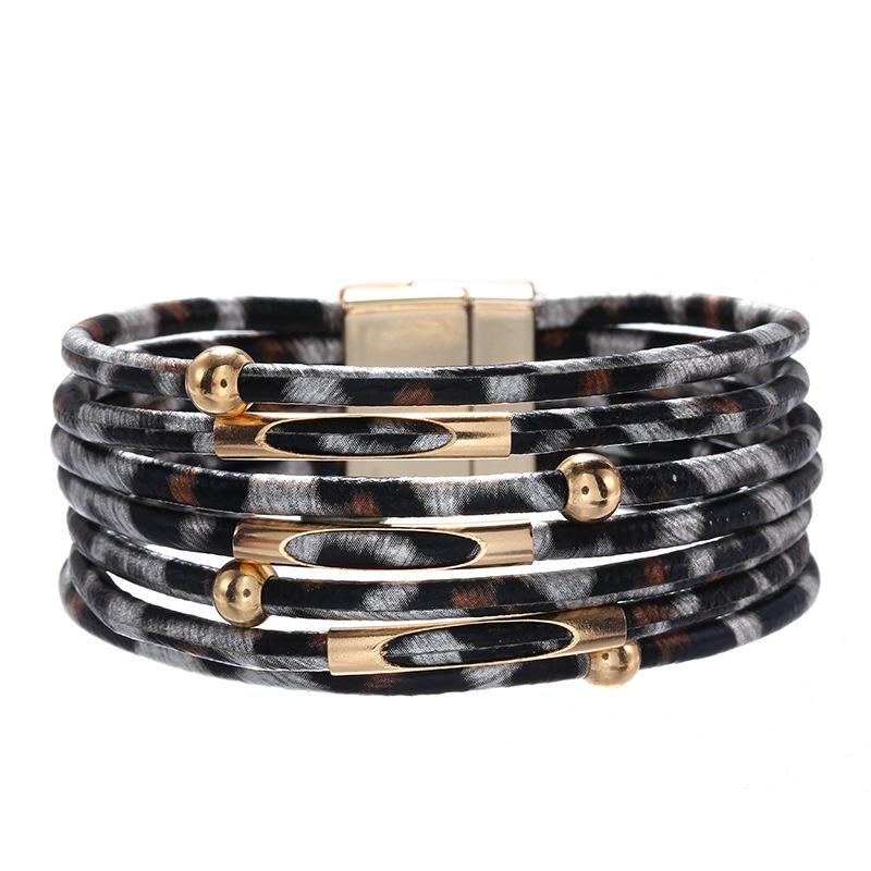 Leopard Print Magnetic Buckle Leather Bracelet: Alloy Beaded Cord with Copper Tube