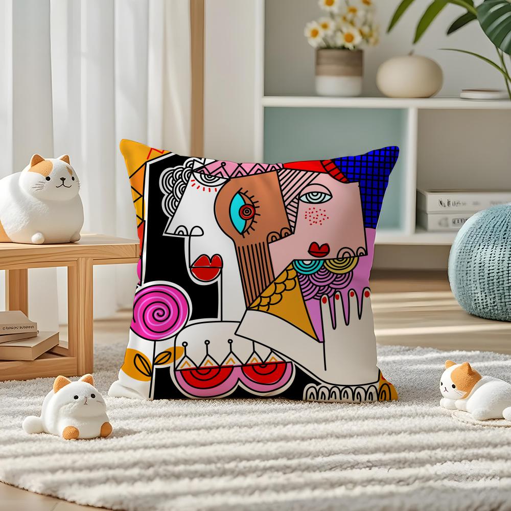 Colorful Abstract Faces Pillow Case Silky elegant Comfort Sofa Bed Invisible zipper