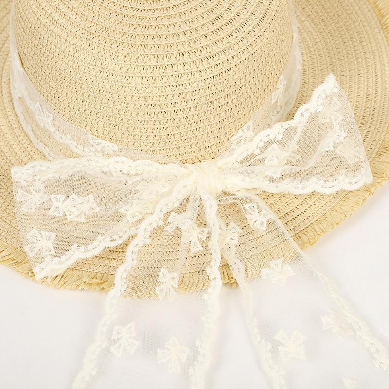 Summer New Lace Bow Straw Hat Flat Top Sunscreen Women's Outdoor Big Brim Sun Hat Sweet Streamer Hat