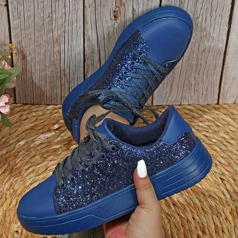 Fashion Women's Sequins Sneakers Fashion Korean Style Lace Up Flat Shoes Thick Anti-slip Couple Shoes Casual Trainers Chaussure Femmes