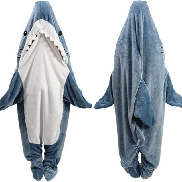 Autumn-Winter Cartoon Shark Flannel Sleeping Bag – Warm, Thick, One-Piece for Couples & Adults