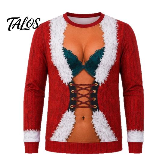 Creative Party Clothes Funny Christmas Shirt, Hilarious 3D Fake Corset Chest Print Crew Neck Shirt Pullover Top, Novelty Long Sleeve Festival Costume