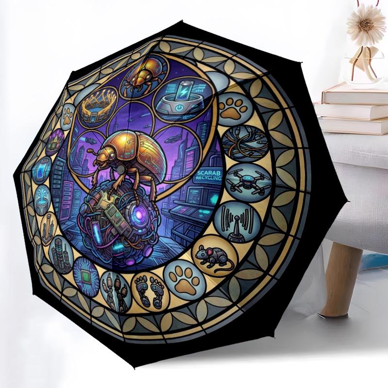 Cybernetic Scarab Cityscape pattern umbrella, portable and foldable design, 8 ribs, a casual accessory for Halloween, Christmas, and birthday gifts.
