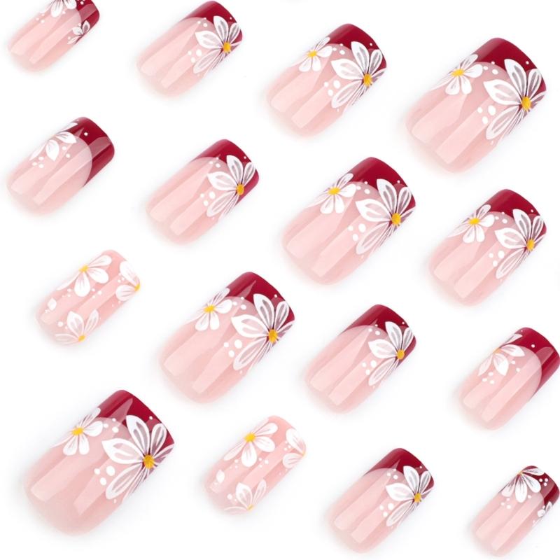 24 Pcs Flowers Artificial Nail French Tip Press On Nail Short Square Stick On Nail Glossy False Nail for Party