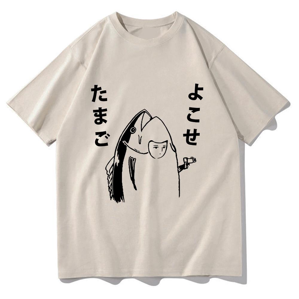 Harajuku Style Lovely Autumn All-purpose Top Fun Japanese Fish and Gun Design T-shirt Couples Unisex Cotton Design T-shirt
