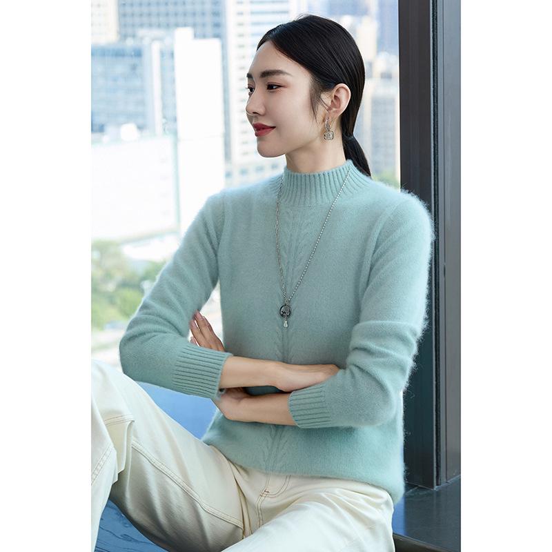 Women's Cashmere Cable Knit Top: Half-High Neck, Loose Fit, Warm Slimming Base Layer for Autumn and Winter