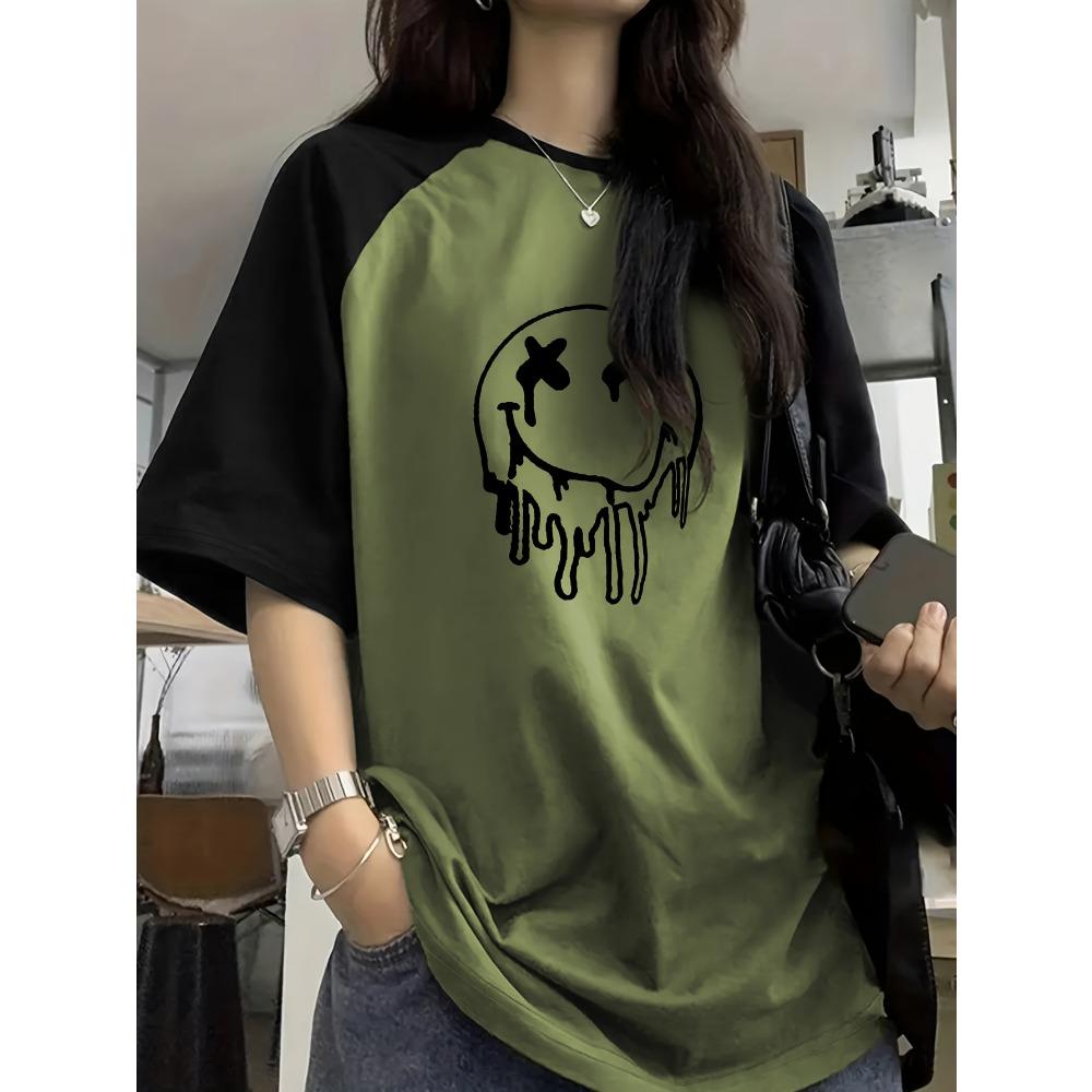 Women s Fashion Casual Minimalist Color-block Raglan Sleeve Crew Neck Short Sleeve Pullover T-shirt XXS