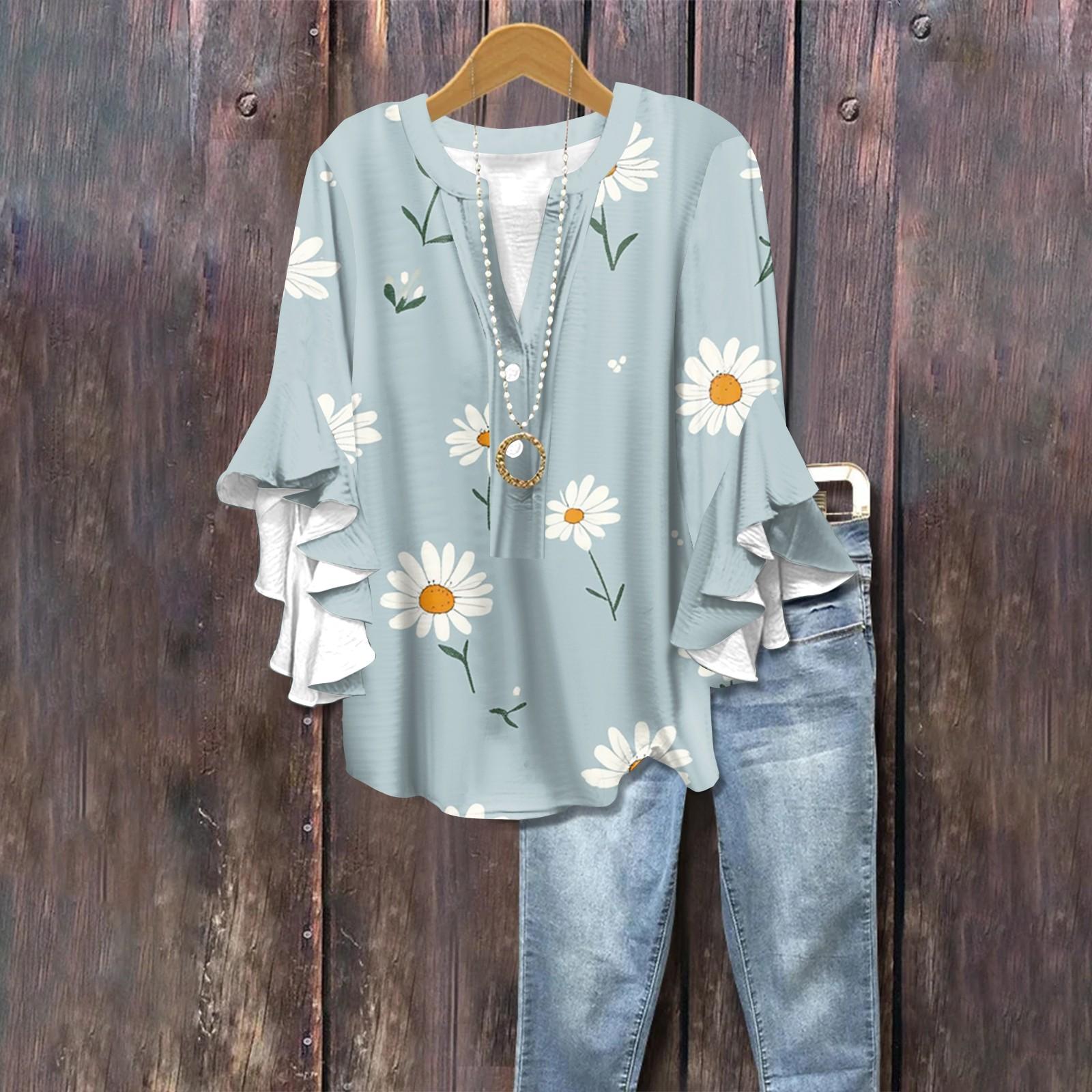 

Summer Tops For Women Cute V Neck 3/4 Sleeve Blouses Floral Print Top Casual Shirts S