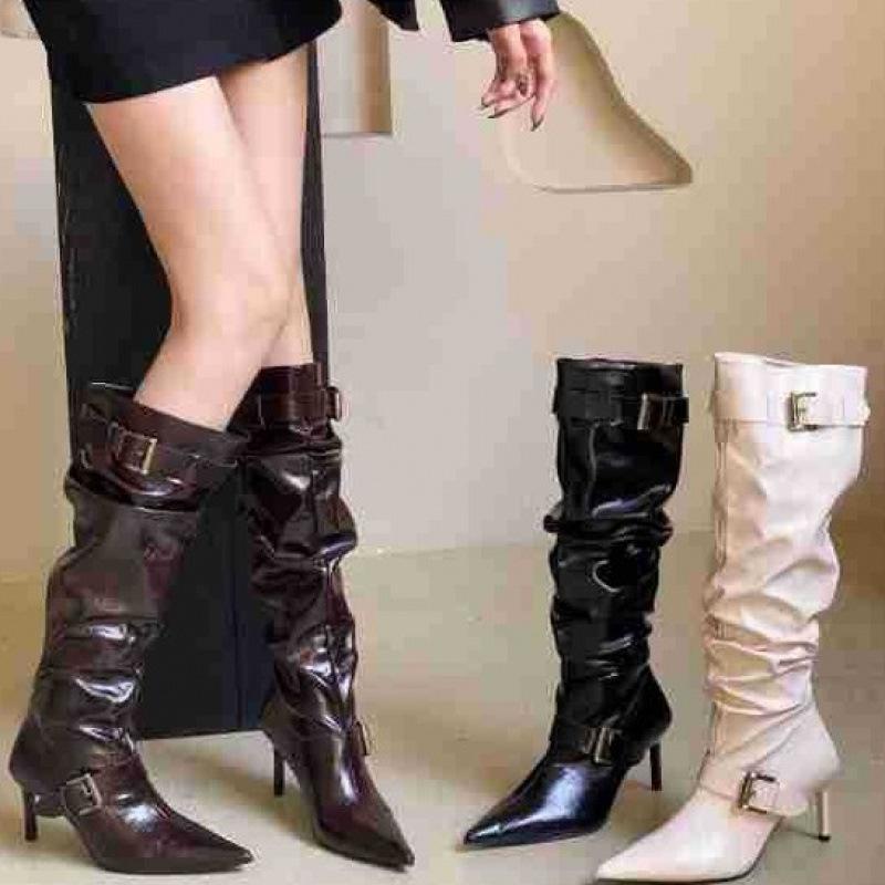 2025 new autumn and winter belt buckle thin heel medium heel high heel boots pleated women's boots stacking boots Martin boots western boots
