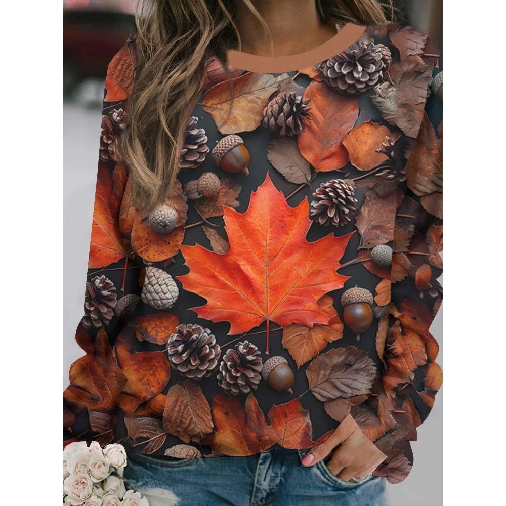 Autumn Cute Squirrel Leaves 3d Print Long Sleeve T-Shirt Women's Fashion Casual Oversized Fashion Comfortable T-shirt