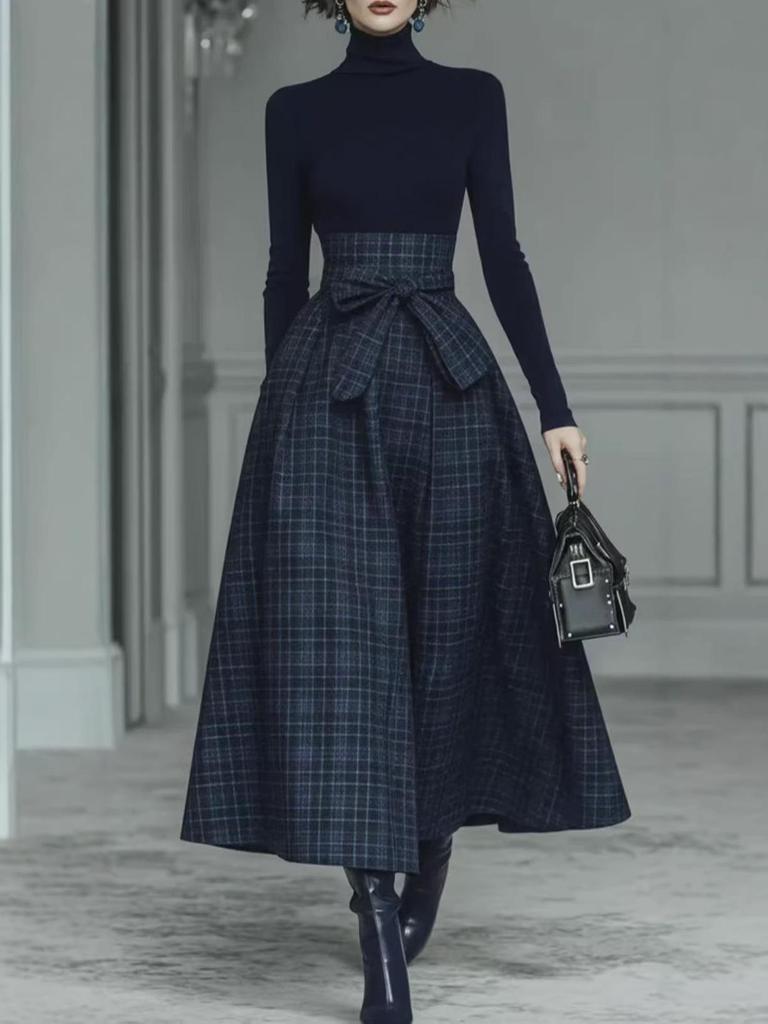 Abito Francese Elegante 2026: Tessuto a Quadri Patchwork Monocolore, Manica Lunga per Primavera/Autunno