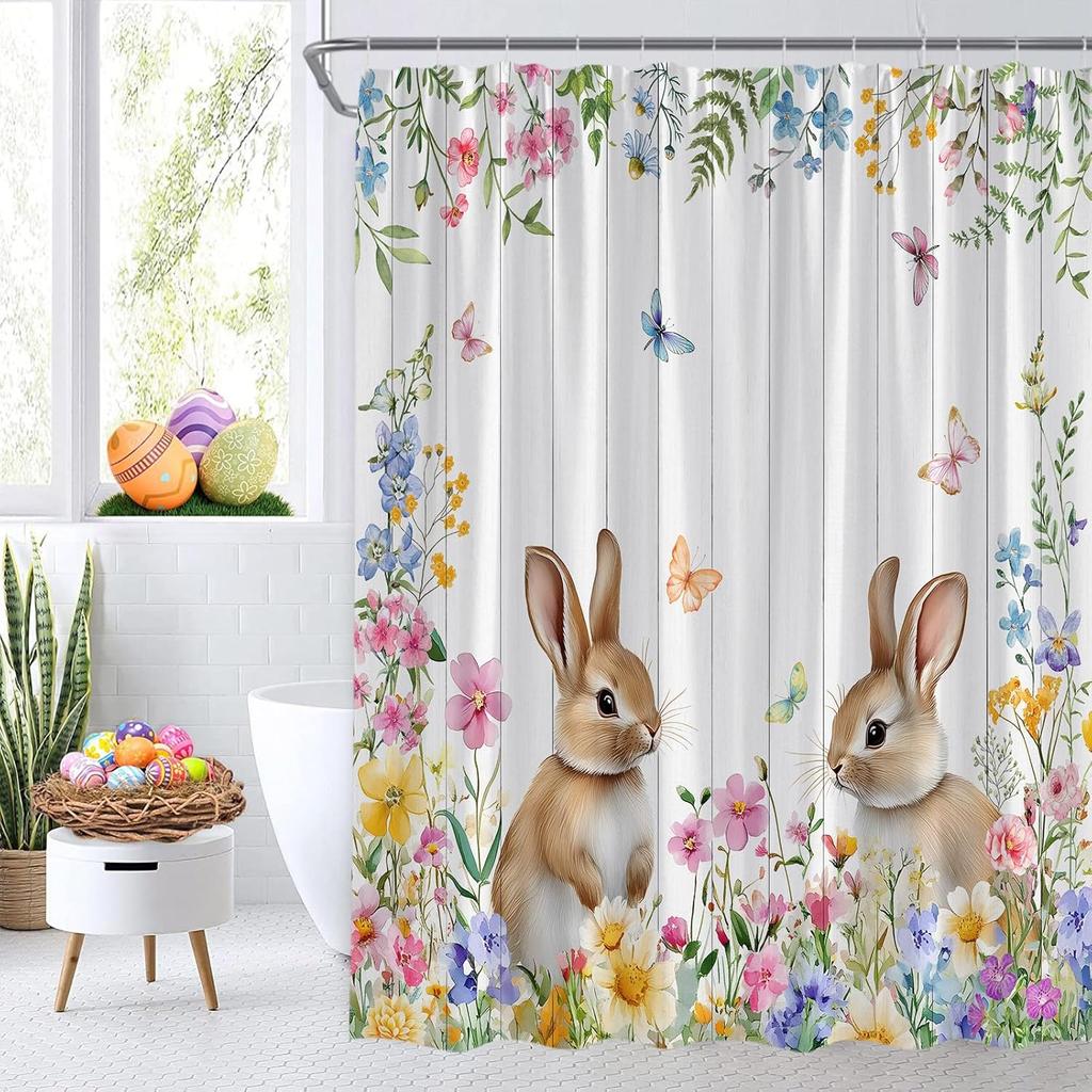 Spring Easter Bunny Shower Curtains Cute Rabbits Watercolor Flower Floral Butterfly Nature Happy Easter Holiday Fabric Bathroom Fabric Curtain with