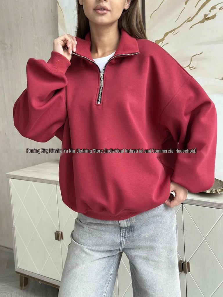 Women's Fashionable Solid Color Half-Zip Pullover Hoodie