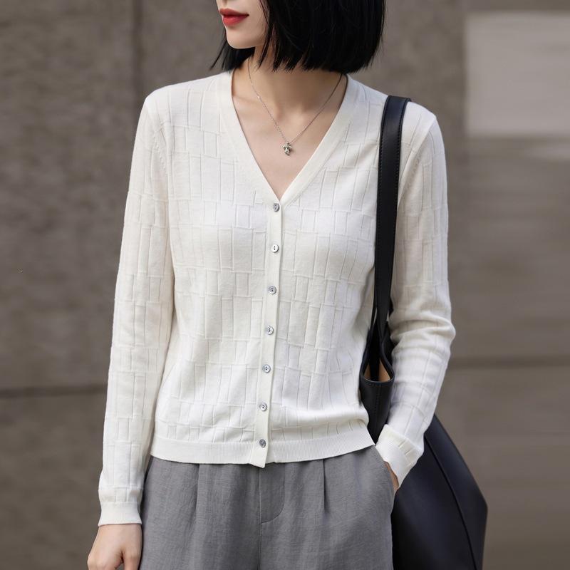 Korean Style Bamboo Texture V-neck Cardigan - Women's Versatile Long Sleeve Casual Jacket