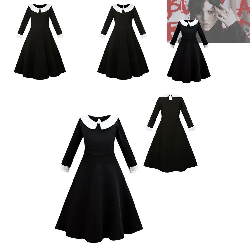 Addams Family Cosplay Girls' Long Sleeve Dress For Children Black Polyester Fabric