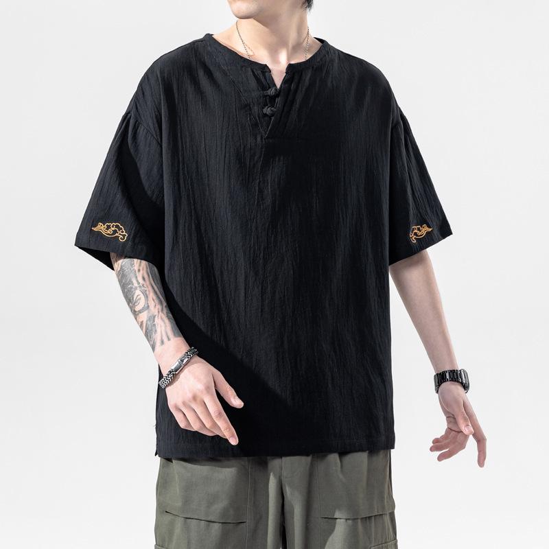Men's Imitation Cotton Linen Style Loose Short Sleeve T-shirt Solid Shirts Casual Top Tee Shirt