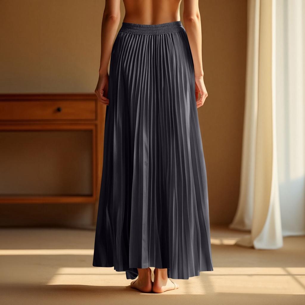 Lässiger, plissierter, einfarbiger Halbrock für Damen, plissierter A-Linien-Rock, großer, schwingender, bodenlanger Rock