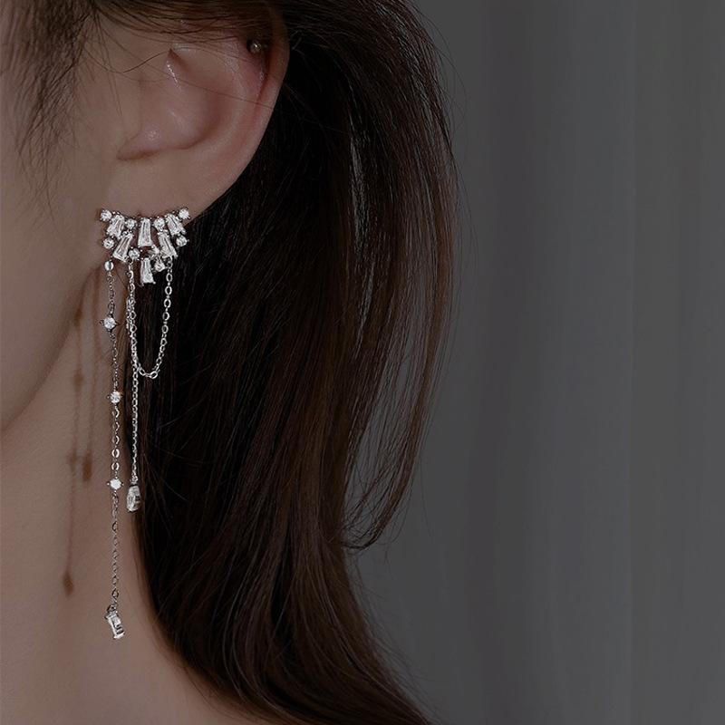 Elegant Zircon Tassel Stud Earrings for Women - High-End Design with Full Diamond Details 925 Silver