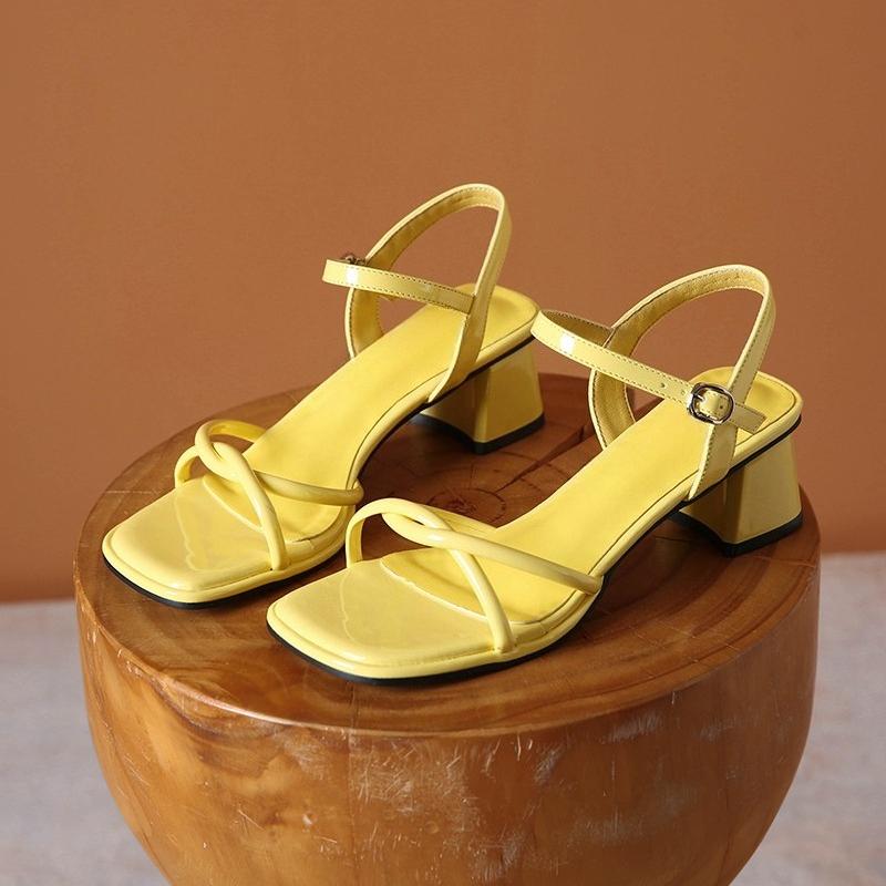 Fashion Simple Block Heel Sandals Women's Summer New Square Toe Thin Strap One Buckle Non-slip Wear-resistant High Heels