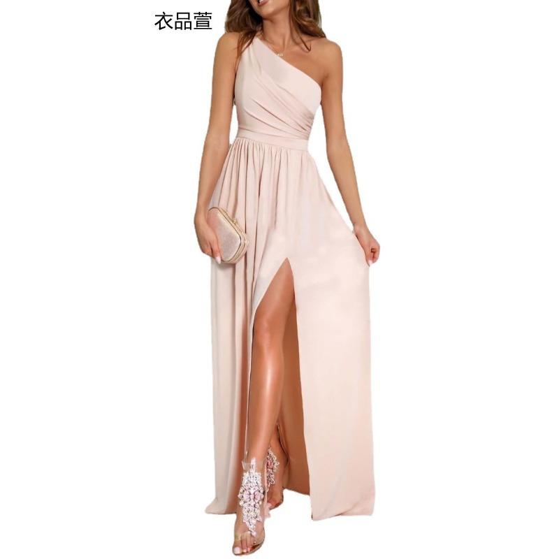 New product, sexy solid color single shoulder hollow neck high waist split super long dress women's clothing