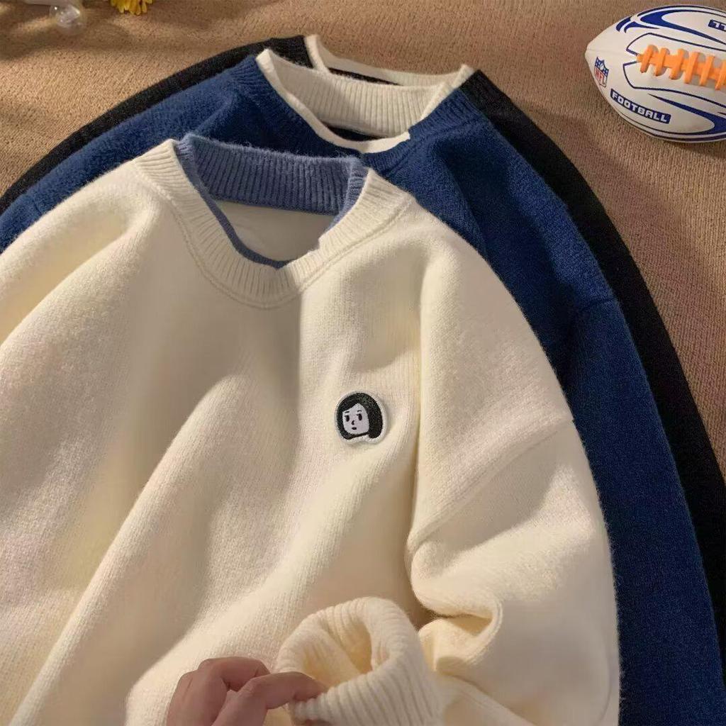 Japanese Style Color Block Round Neck Sweater - Long Sleeve, Loose Fit, Two-Piece Knitwear for Teenage Boys, Winter Fashion