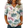 Damen Lässiges Hawaiian-Print-Hemd mit V-Ausschnitt, 3/4-Ärmel, Leichte Sommerbluse, Locker geschnittenes Oberteil für den Alltag