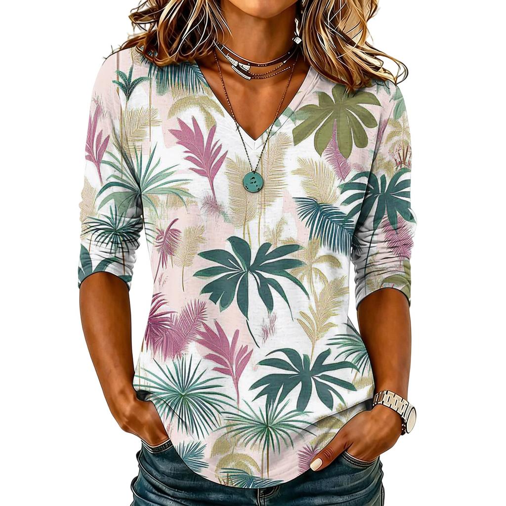 Damen Lässiges Hawaiian-Print-Hemd mit V-Ausschnitt, 3/4-Ärmel, Leichte Sommerbluse, Locker geschnittenes Oberteil für den Alltag