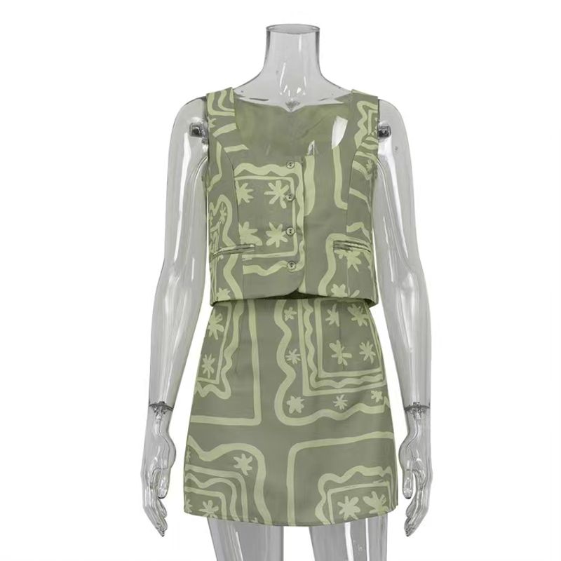 

Fashion New Arrival Print Vest Jacket Skirt Outfit Printed Tank Top Short Skirt Set Green S