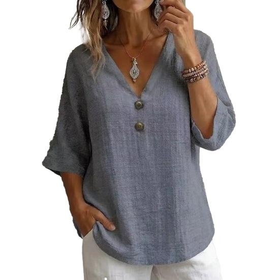 Women Tops Loose Fit V Neck 3/4 Sleeves Pullover Tops Button Decor Pure Color Summer Casual T-shirt Daily Wear