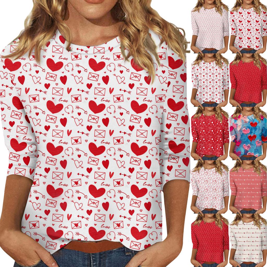 Women's Tops Three-quarter Sleeve Valentine's Day Shirt Round Neck Loose Casual Shirt
