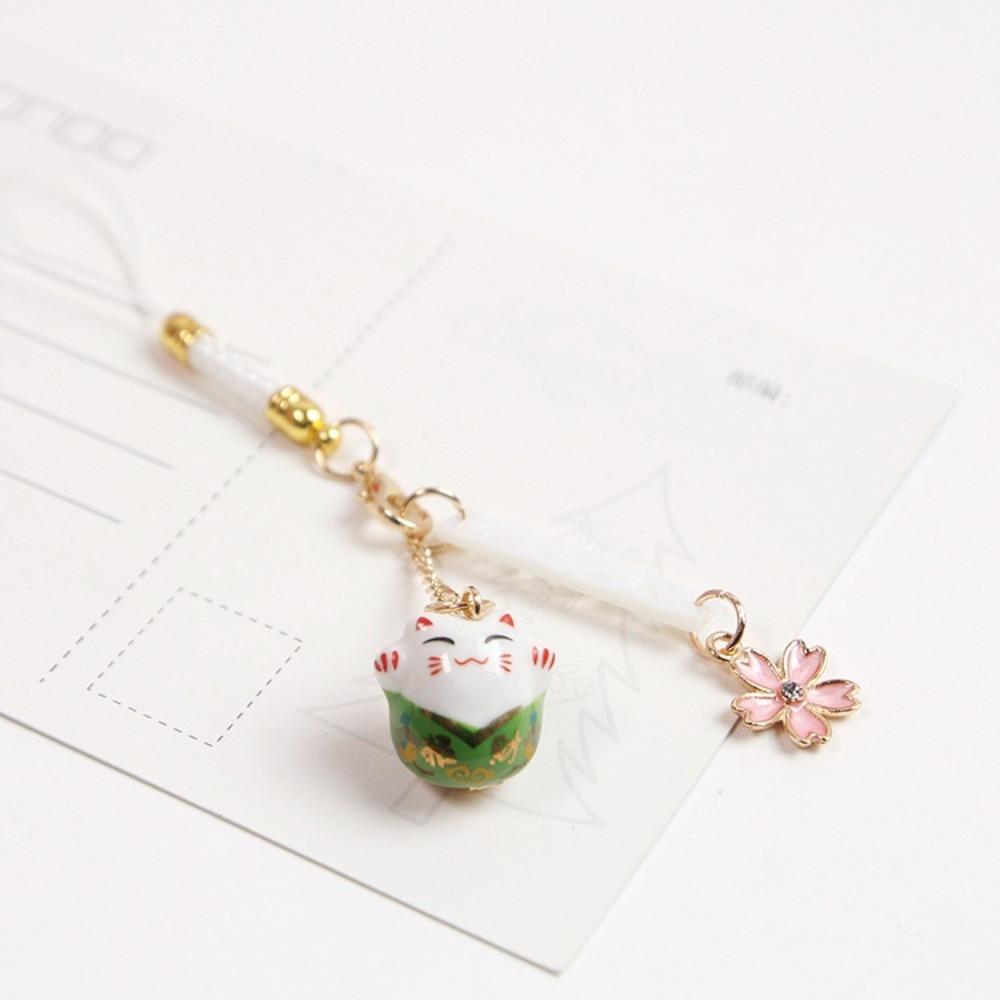 Ceramics Sakura Lucky Cat Phone Lanyard Braided Rope Lucky Cat Keychain Wrist Rope Cherry Blossoms Japanese Style