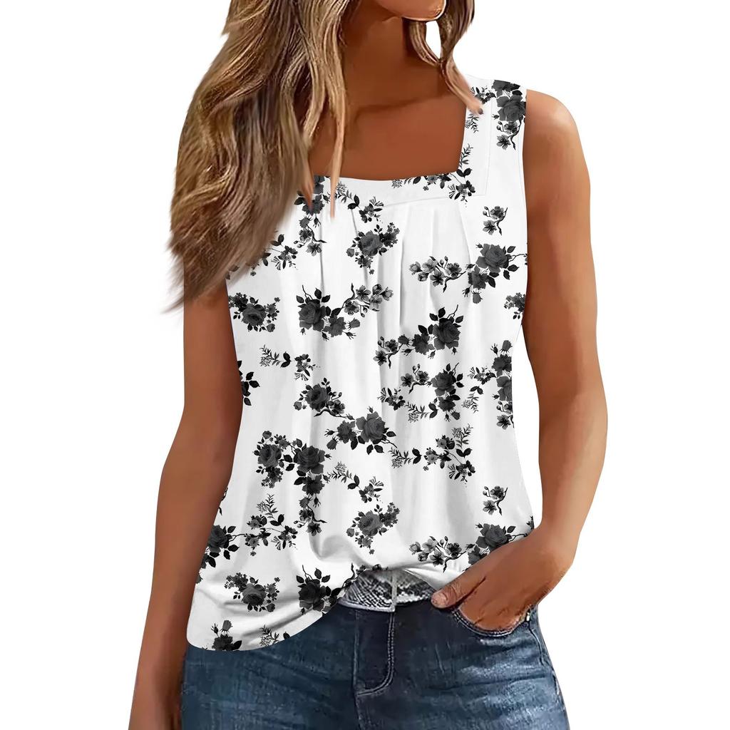 Women's Pleated Square Collar Sleeveless Vest Print T-shirt