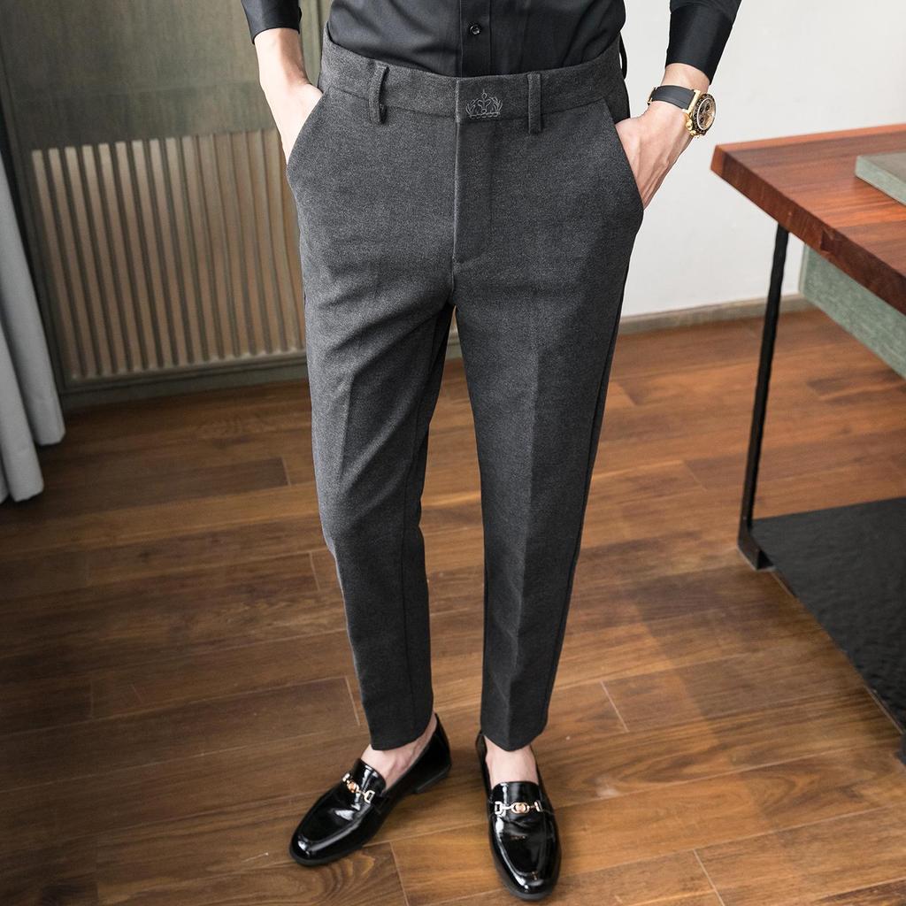 Men's Slim Fit Woolen Embroidered Trousers - Warm Casual Pants for Autumn/Winter
