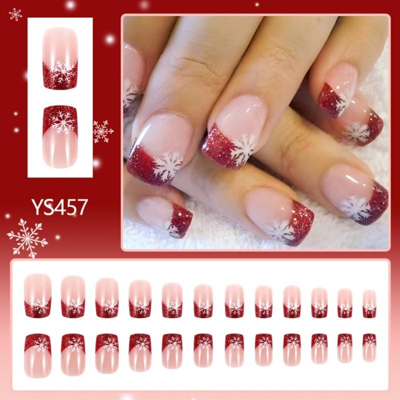 Christmas Themed Press on Nail Snowflake Nail Set Quick Application Manicure Nail Decoration for Parties 24 Pieces