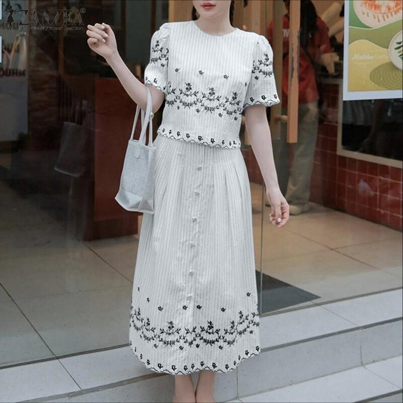 ZANZEA Women Short Sleeve Blouse and Skirts Summer Two Piece Suit Sets