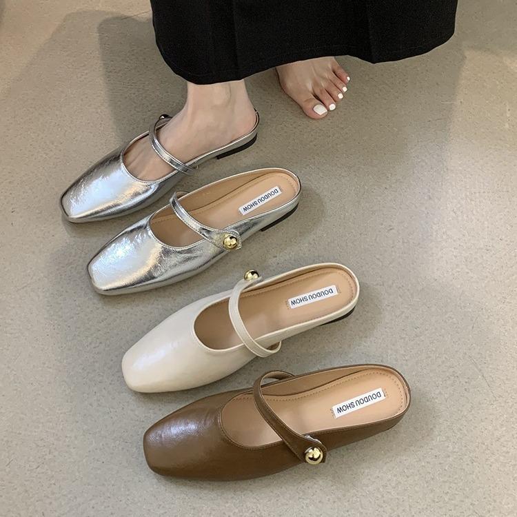 Flat-bottomed Bag Head, Half Slippers, Women's Outer Wear 2025 Spring New Models, Pregnant Women with One Foot, Small Fragrant Lazy Shoes, Trendy Flat