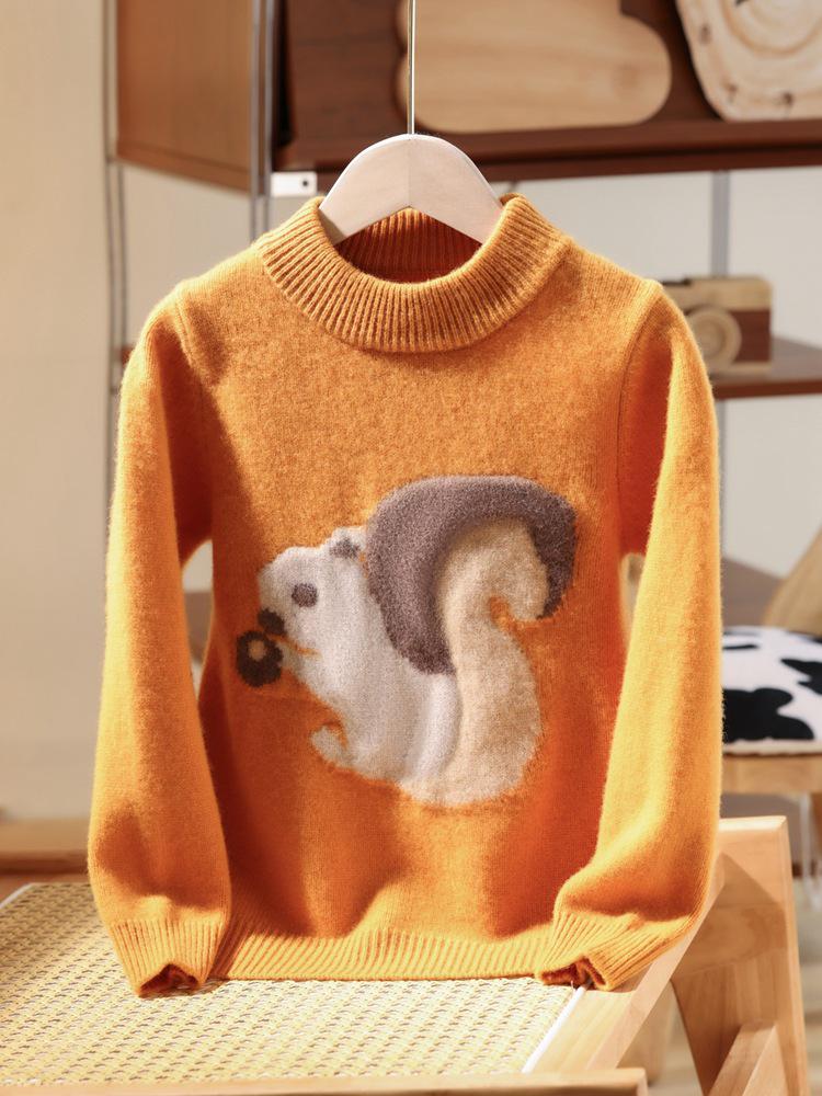 Unisex Cartoon Squirrel Thick Wool Pullover with Half-High Collar 110 cm