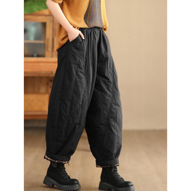 Women s 2025 Winter Padded Cotton Linen Harem Pants - Elastic Waist, Thick & Warm Medium