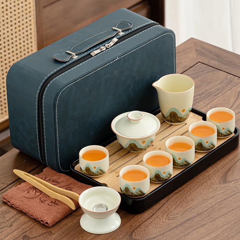 Open Ru Kiln Tea Set Retro Qingshan Portable Open Tea Ware Household Kung Fu Ceramics Complete Set Customized Printing