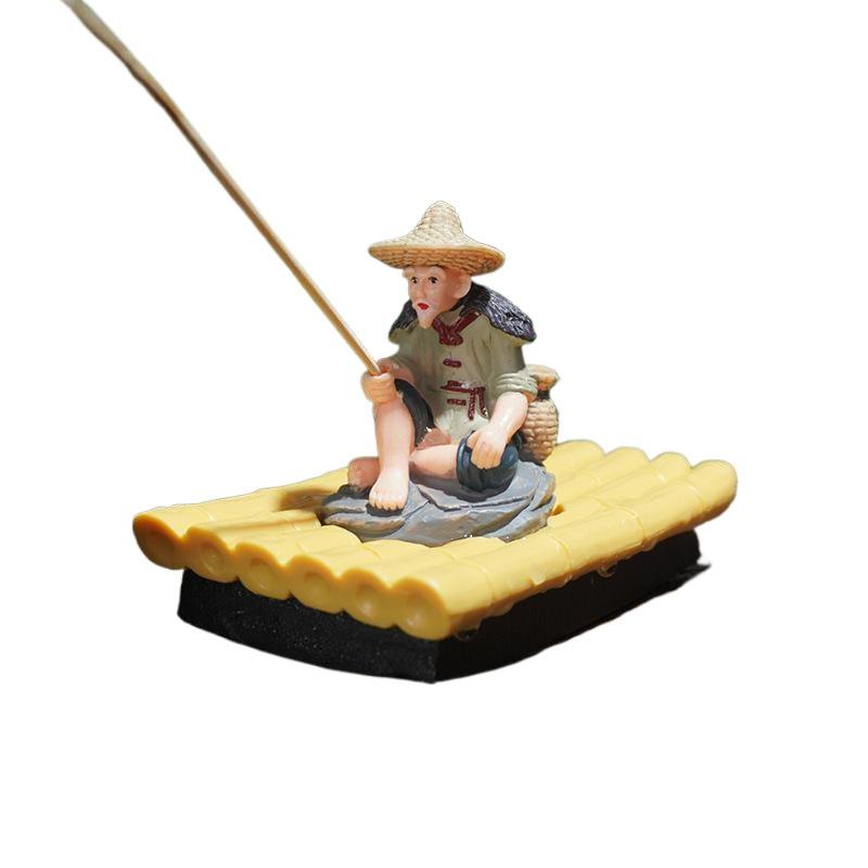 Outdoor Themed Elderly Fisherman Figurine On Bamboo Raft, PVC Statue for Landscaping and Aquarium Use