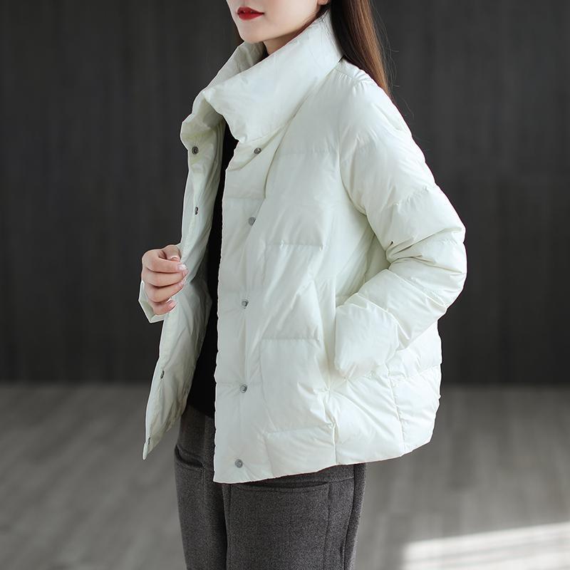 Women's Petite White Duck Down Short Jacket - Fashionable Stand-up Collar, Autumn/Winter, Loose Bread Style, Warm Coat.